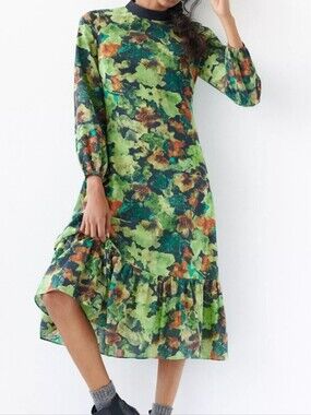 Anthropologie Samant Chauhan Raquela Long Sleeve Floral Midi Dress S Mock Neck